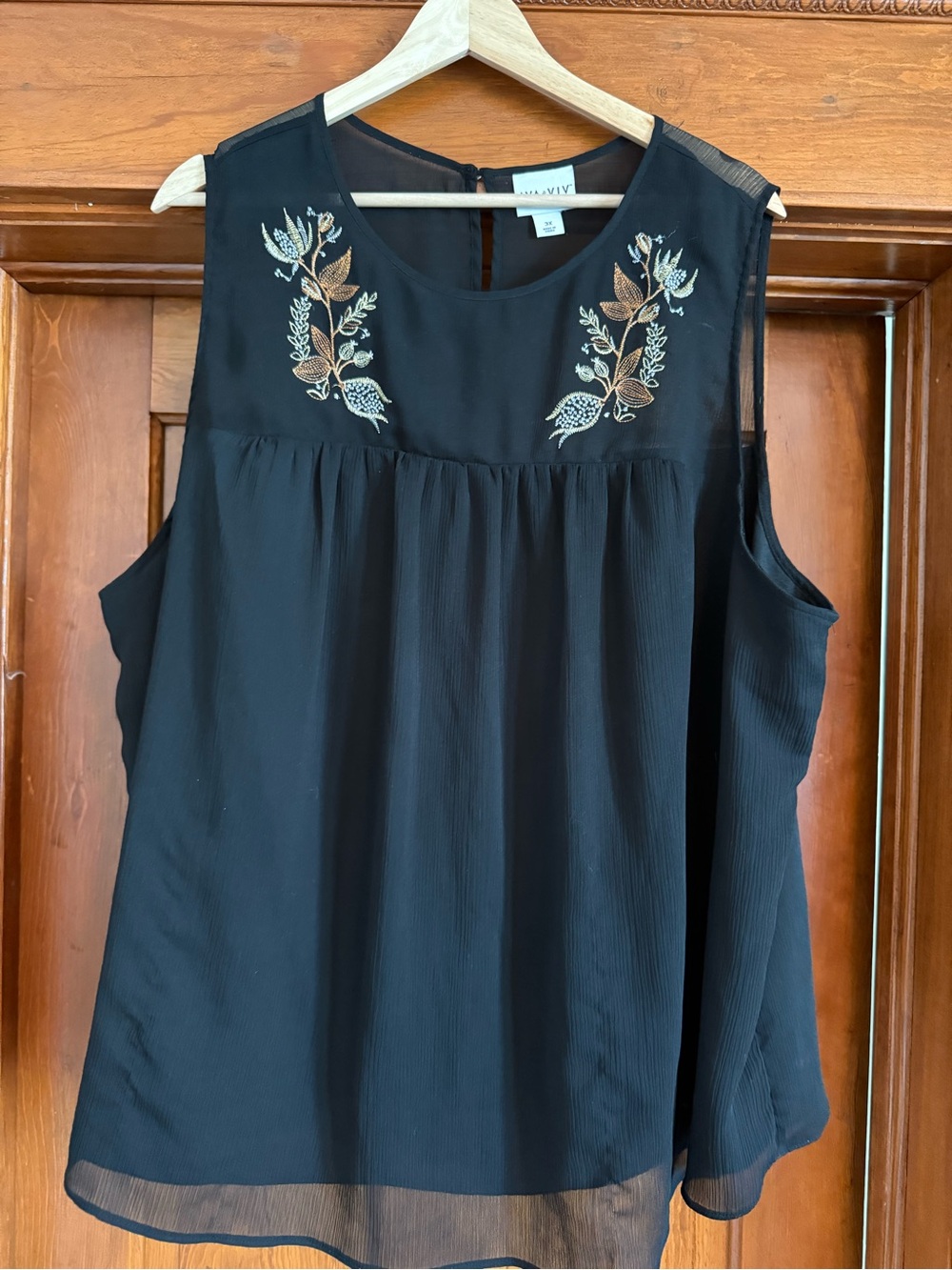 Ava & Viv Black Sleeveless Blouse with Gold and Cream Floral Embroidery